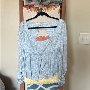 Free People Light Blue and White Patterned Peasant Blouse